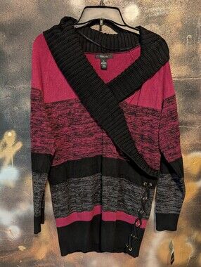 Style & Co. Burgundy, Black and Gray Shawl-Collar Sweater Cardigan